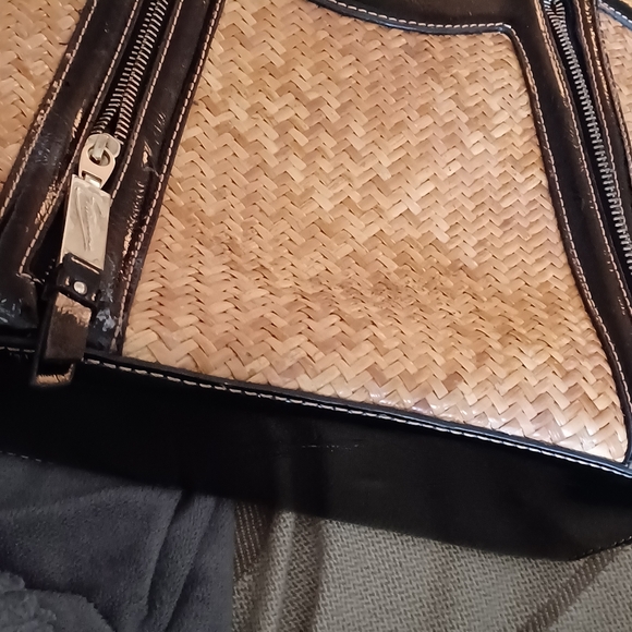 Etienne Collection Woven Rattan And Faux Black Leather Handbag - Picture 4 of 8